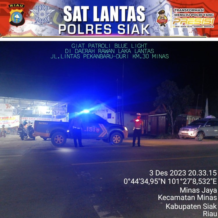 Antisipasi Pelanggaran, Laka Lantas dan C3, Unit Lantas Polsek Minas Giat Patroli Blue Light di Daerah Rawan