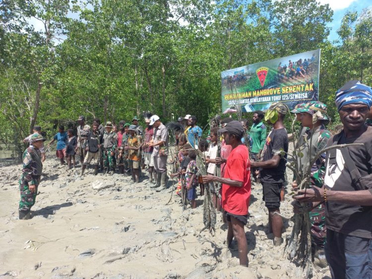 Satgas Yonif 125/Smb dan Masyarakat Tanam Pohon Bersama di Seluruh Jajaran Pos