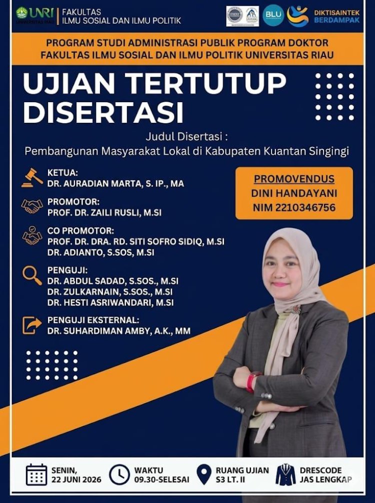 Bupati Kuansing Suhardiman Amby Jadi Penguji Eksternal Disertasi Doktor Universitas Riau, Bahas Pembangunan Masyarakat Lokal